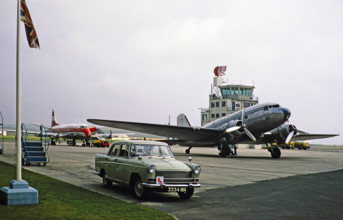 Morris Oxford car, Douglas DC3 plane of Strathair Airways, Vickers Viscount 701 plane of Cambrian