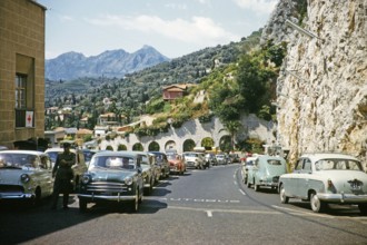 Border crossing on frontier of France and Italy, Ponte de Luigi, Italy 1959.
