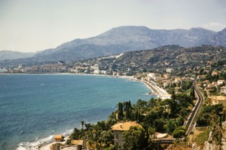 View from Ponte de Luigi, of Mediterranean Sea coastline, French Riviera, Menton, France 1959.