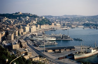 View over port and city of Ancona, Marche region, Italy 1969.