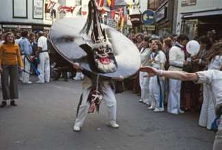 Obby Horse May Day festival, Padstow, Cornwall, England, UK 1975 - The Blue 'Oss.