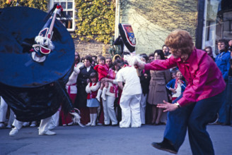 Obby Horse May Day festival, Padstow, Cornwall, England, UK 1975 - The Old 'Oss and Teaser.
