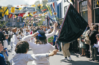 Obby Horse May Day festival, Padstow, Cornwall, England, UK 1975 - The Blue 'Oss.