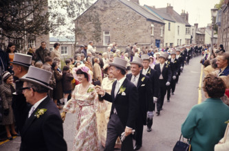 Flora Day, Helston, Cornwall, England, UK 1973 - crowds watch couples perform the  Furry dance in