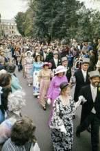 Flora Day, Helston, Cornwall, England, UK 1973 - crowds watch couples perform the  Furry dance in