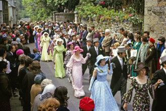 Flora Day, Helston, Cornwall, England, UK 1973 - crowds watch couples perform the  Furry dance in