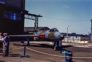 Hawker Hunter F2 fighter plane at military airshow, England, UK 1950-1955.