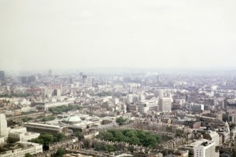 View south east from Post Office tower over Bedford Square Gardens and British Museum, Bloomsbury,