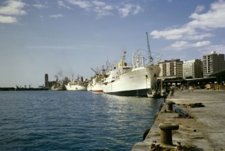 Monte Ulia ship and other ships at quayside in port at Tenerife, Canary Islands, Spain 1971.