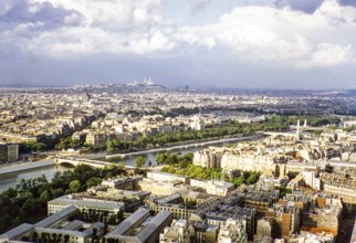 View over city centre and River Seine, Paris, France 1956.