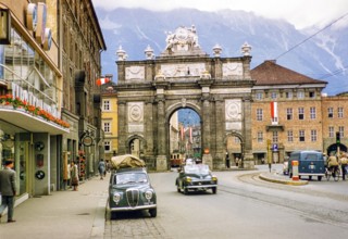 Triumphal arch in Maria-Theresien-Strasse street city centre of Innsbruck, Austria, Europe 1950s.