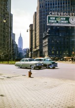 Ford Monarch and Oldsmobile 88 cars, Manhattan, New York, NY State, USA c 1953.