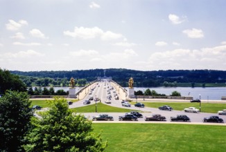 Cars driving over Arlington Memorial Bridge, Washington DC, USA c 1953.