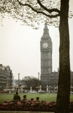 Big Ben - maypoles for Royal Wedding celebrations - London, England, UK June 1960.