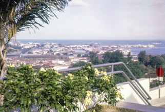 View to port docks, Empire Dock at Keppel Harbour from Mount Faber, Singapore, southeast Asia, 1965
