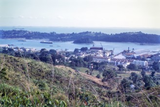 View to port docks of Keppel Harbour from Mount Faber, Singapore, southeast Asia, 1965 - Sentosa