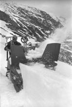 Snow removal, road being cleaned at Gotthard Pass 1969