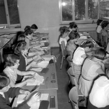 High school students preparing business census, Zurich 1955