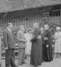 Federal Councillors greet the diplomatic body at Gruyeres castle 1957