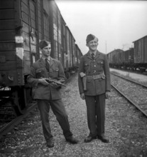 Belgian soldiers escorting train of Red Cross, Basle 1945