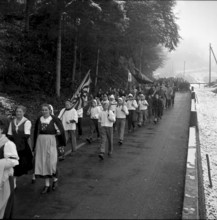Boys carrying crossbows at the commemoration 641 years Battle of Morgarten, 1956