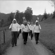 Men carrying halberds at the commemoration 643 years Battle of Morgarten, 1958