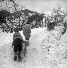 A woman and a boy carying parcels on a sledge 1953
