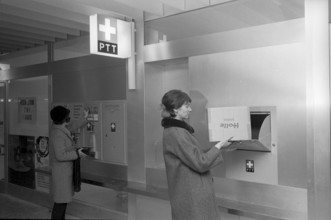 Customer at self service post office counter, Bern Gabelbach 1969