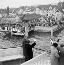 Maiden voyage of MS Linth, Lake Zurich, shipping pier in Stafa 1952