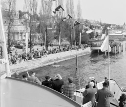 Maiden voyage of MS Linth, Lake Zurich, shipping pier Zollikon 1952