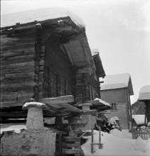 Traditional granary on wooden posts in Saas Fee, stilts. 1945