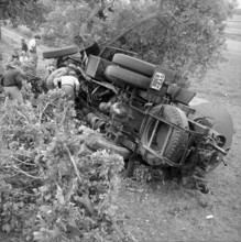 Tilted tank truck because of the driver's overtiredness 1956