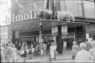 Gypsum cows painted by artist Samuel Buri at Jelmoli's in Zurich 1972
