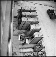 Front of high-rise building of watch company Langendorf SA built in one day, 1957