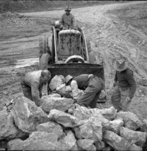 Stones to rebuild dykes after flooding in Holland, stone quarry Lagern, 1953