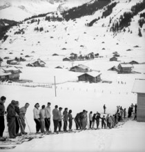 Skiers on ski lift in Adelboden, 1945