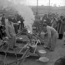 Study trip: asian construction experts visiting railway line construction site in Renens 1951