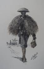 Chinese villager in a straw raincoat Sketch by Martynov