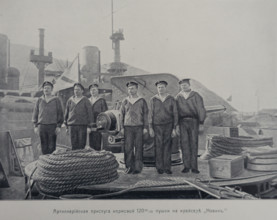 Artillery crew of the 120mm deck gun on the cruiser Novik Illustration from the Port Arthur Album 1904-1905, St Petersburg
