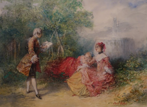 Gallant Scene at the Fountain Émile Wattier (1800-1868) Watercolor