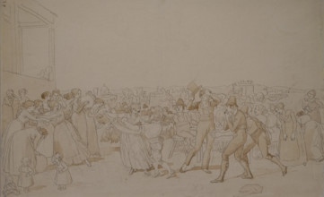 October Festival at the Foot of Monte Testaccio  in Rome  (Folk Scene) 1842   Sketch Sepia on paper