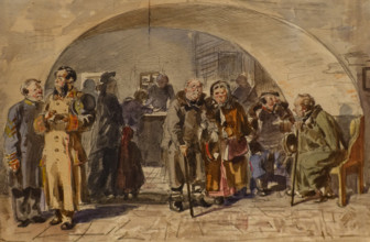 Receiving a pension 1876 Makovsky Vladimir (1846-1920) Watercolour