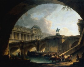 A palace inspired by the Louvre and the Pont-Neuf framed within the arch of a bridge.