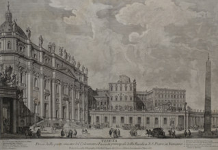 View from the left side of the colonnade and the main facade of Saint Peter's Basilica in the Vatican