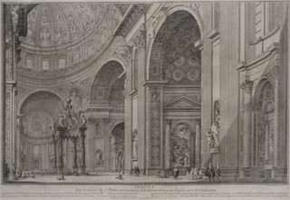 View of the interior of San Pietro with the interior of the great dome over the Place of Confession