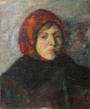 Portrait of a woman in a red headscarf