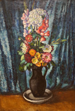 Bouquet in a Black Jug on a Blue Background