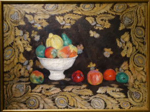 Still life with a patterned tablecloth