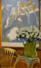 Flowers at the balcony with mountains in the background