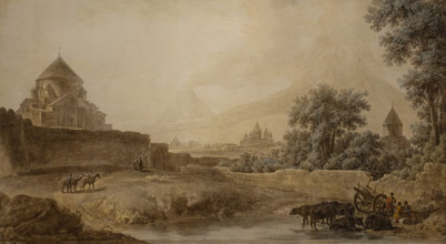 View of Three Churches Against the Backdrop of Mount Ararat in Armenia